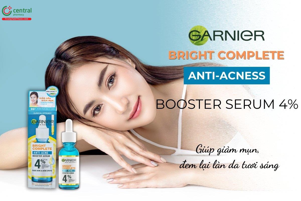 Garnier Skin Naturals Bright Complete Anti-Acne Booster Serum 4% với sự kết hợp của 4 thành phần, giúp cải thiện tình trạng da mụn