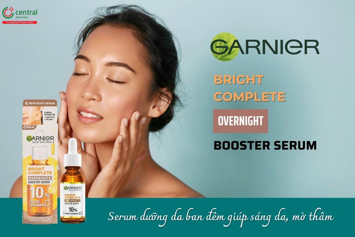 Serum Garnier Bright Complete Overnight Booster ban đêm chứa 10% Vitamin C nguyên chất được chiết xuất từ thiên nhiên, giúp nuôi dưỡng làn da tươi sáng, rạng rỡ.