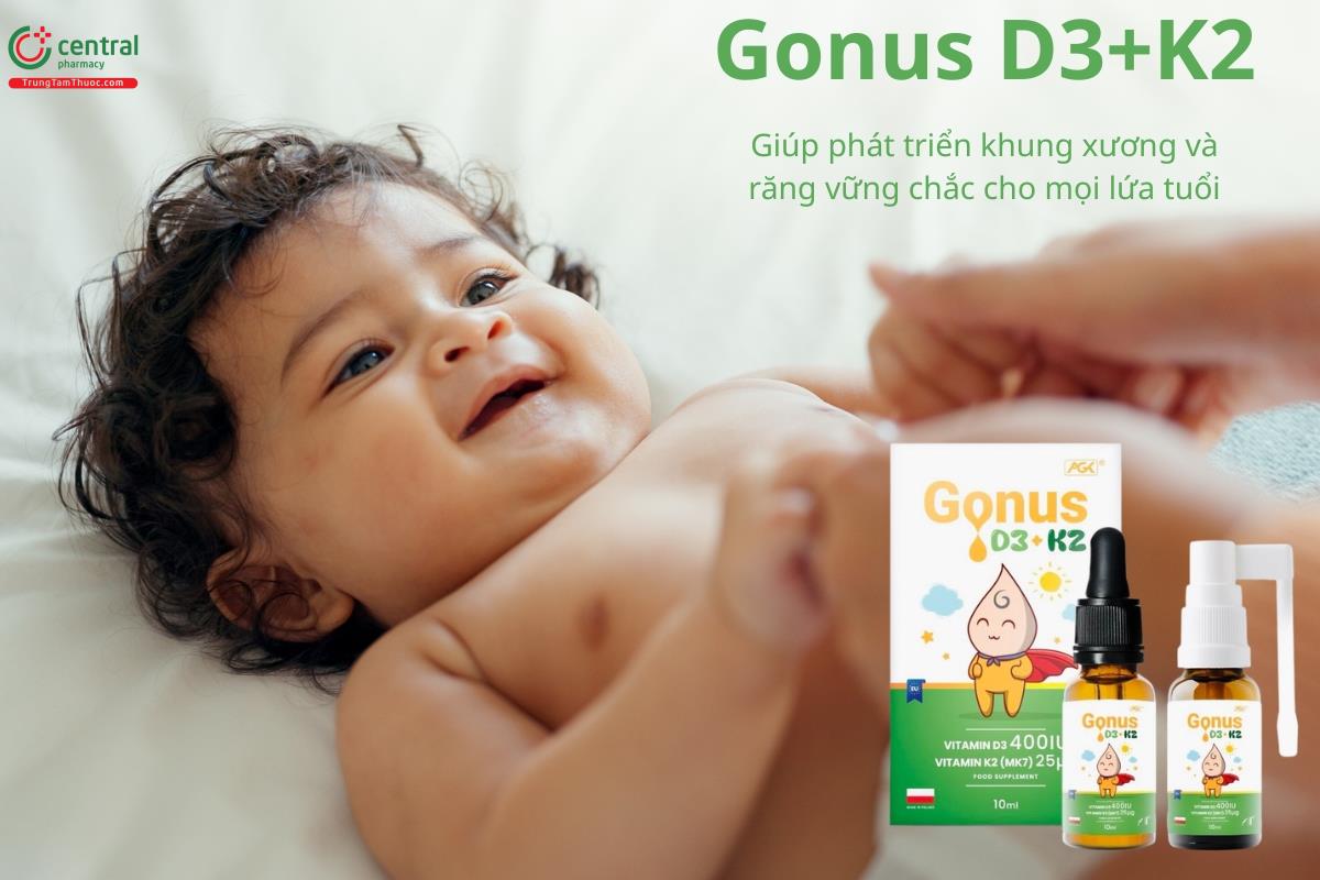 Gonus D3+K2 hỗ trợ phát triển khung xương và răng vững chắc cho mọi độ tuổi