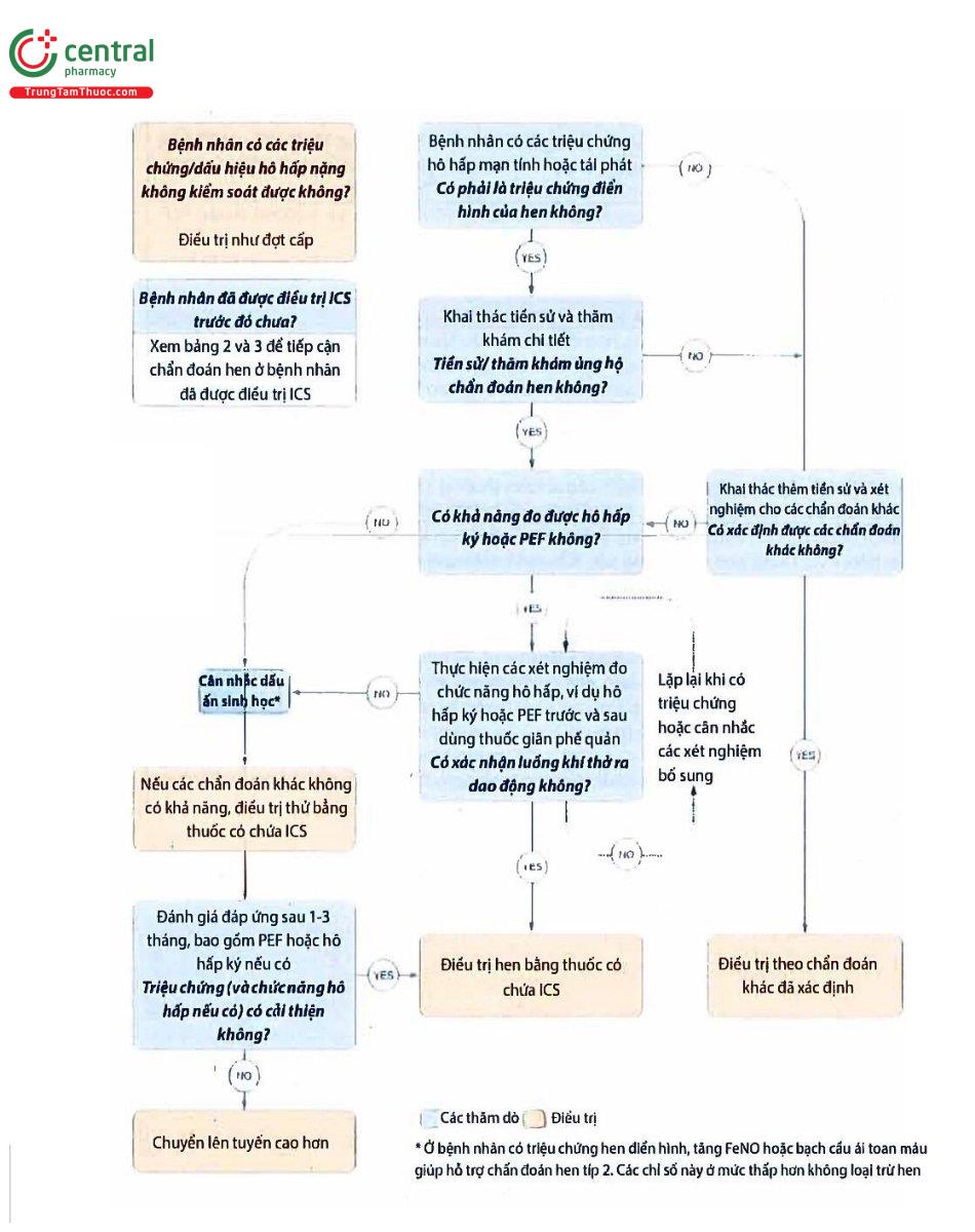  Hình 1: Sơ đồ chẩn đoán hen cho người lớn, thanh thiếu niên và trẻ em từ 6-11 tuổi trong thực hành lâm sàng 