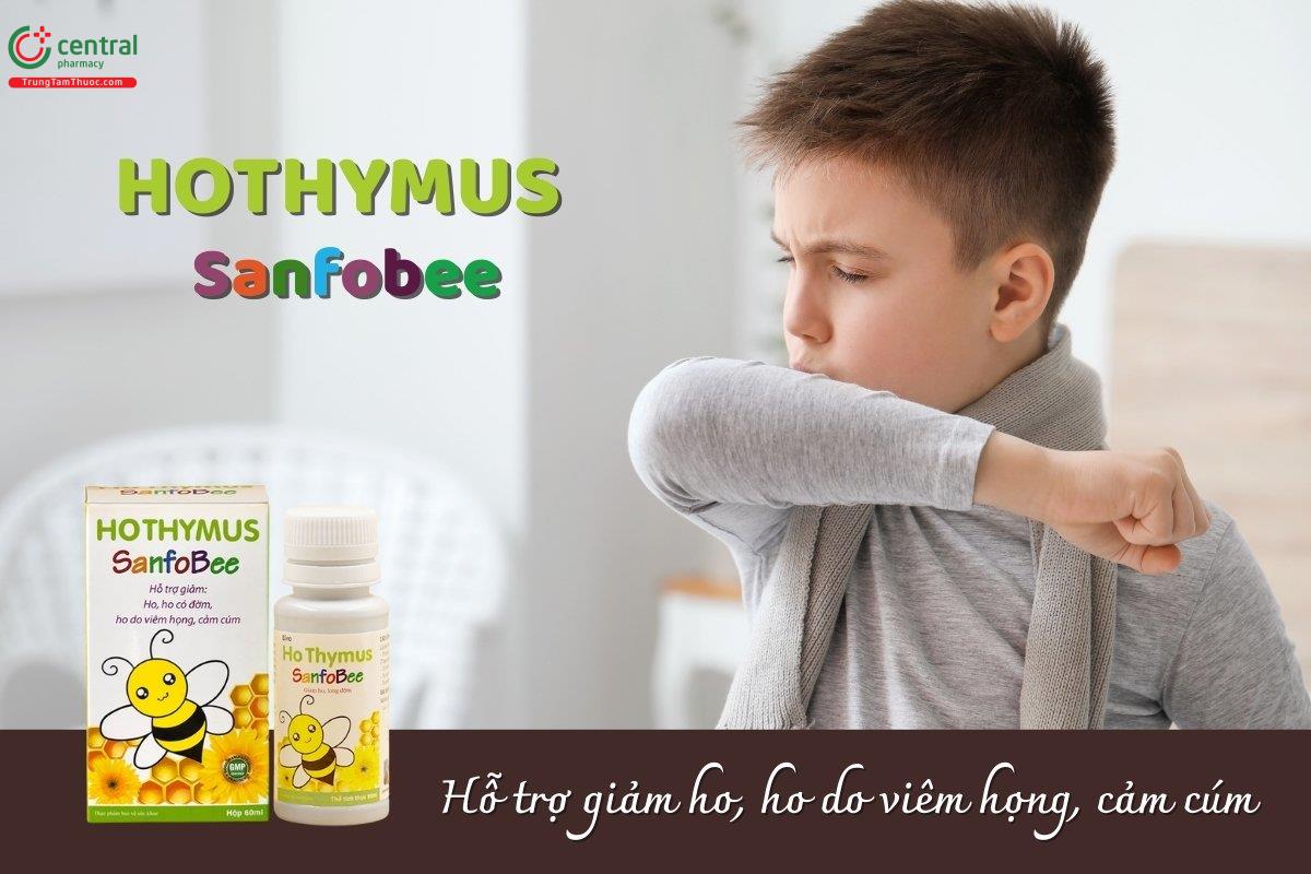 Siro HOTHYMUS Sanfobee hỗ trợ làm giảm các triệu chứng ho do viêm họng, ho khan, ho có đờm, ho do thay đổi thời tiết hoặc cảm cúm, giảm nghẹt mũi, sổ mũi và viêm mũi dị ứng.