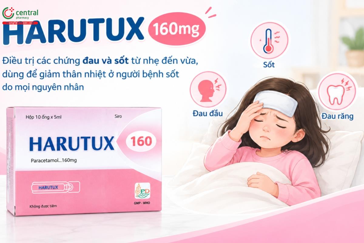 Thuốc Harutux 160mg điều trị các chứng đau và sốt từ nhẹ đến vừa, dùng để giảm thân nhiệt ở người bệnh sốt do mọi nguyên nhân