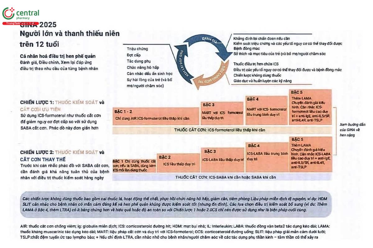 Hình 3: Chiến lược điều trị hen cho người lớn và thanh thiếu niên trên 12 tuổi được chẩn đoán hen