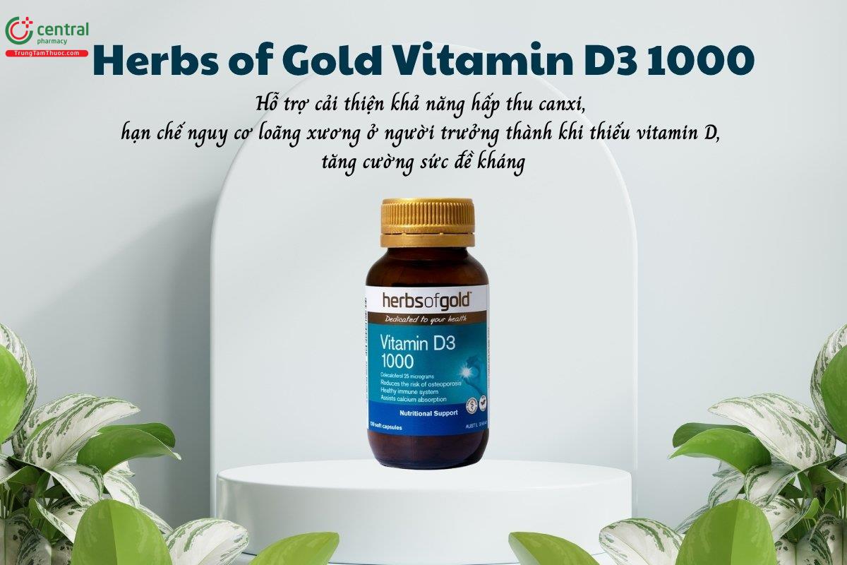 Herbs of Gold Vitamin D3 1000 hỗ trợ cải thiện khả năng hấp thu canxi, hạn chế nguy cơ loãng xương ở người trưởng thành khi thiếu vitamin D, tăng sức đề kháng
