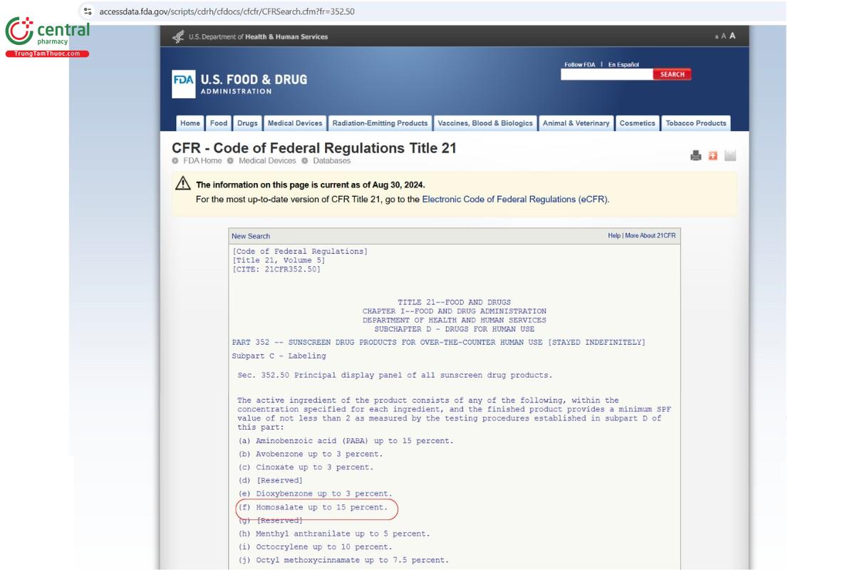 Homosalate được FDA chấp nhận là thành phần có hoạt tính chống nắng
