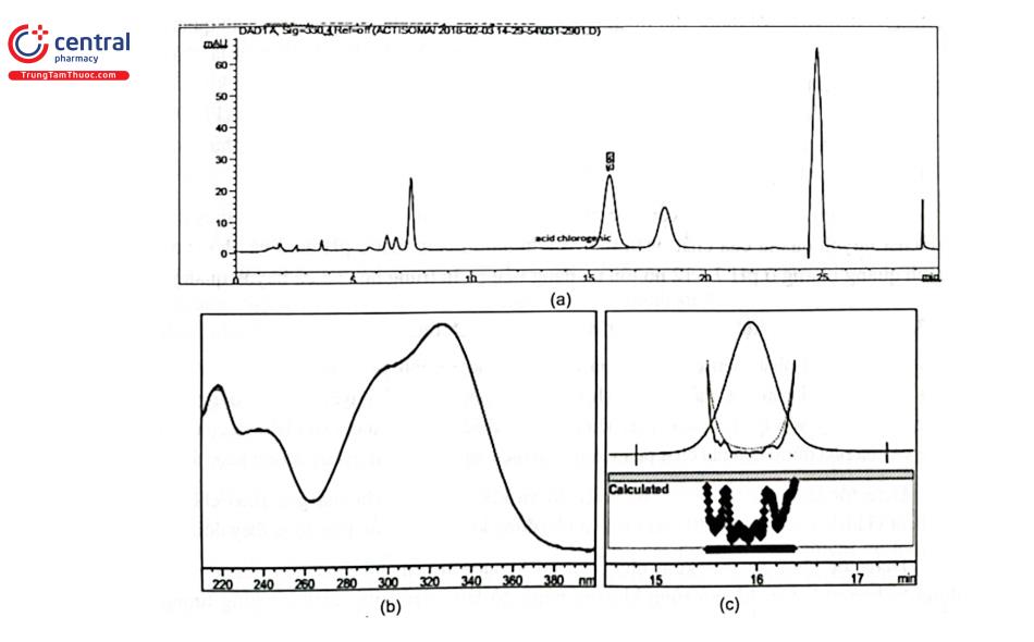 Hình 2.9. Sắc ký đồ định tính acid chlorogenic trong cao actiso (a), chồng phổ UV (b) và đánh giá độ tinh khiết píc (c) 