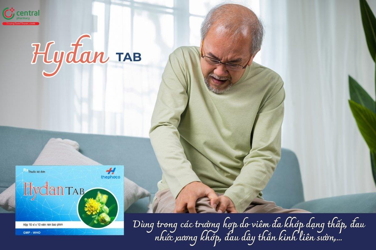 Hyđan Tab sử dụng trong các trường hợp đau liên quan đến viêm đa khớp dạng thấp, đau nhức ở các khớp xương, đau thần kinh liên sườn, đau vùng thắt lưng, và đau vai gáy.