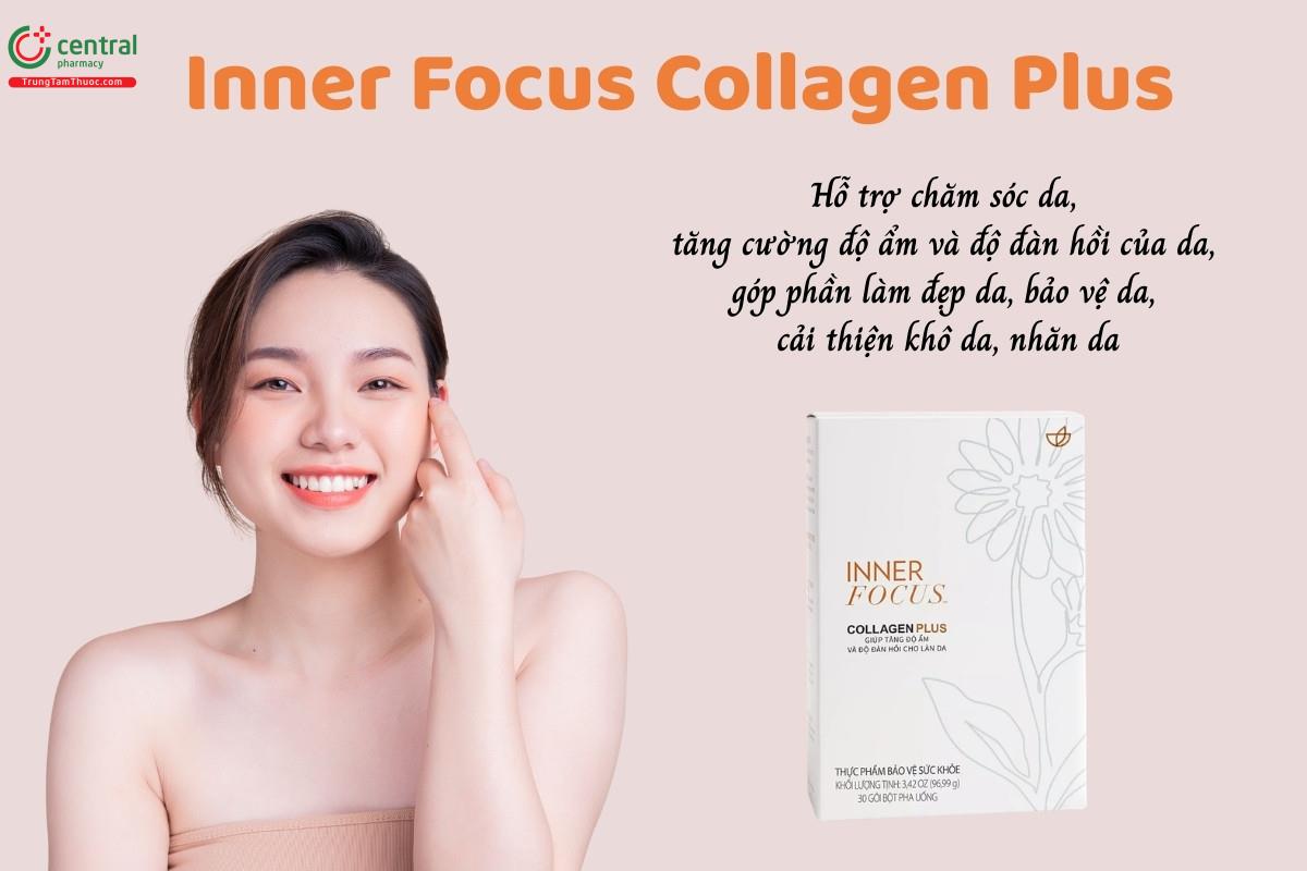 Inner Focus Collagen Plus hỗ trợ chăm sóc da, tăng cường độ ẩm và độ đàn hồi của da, góp phần làm đẹp da, bảo vệ da, cải thiện các biểu hiện khô da, nhăn da