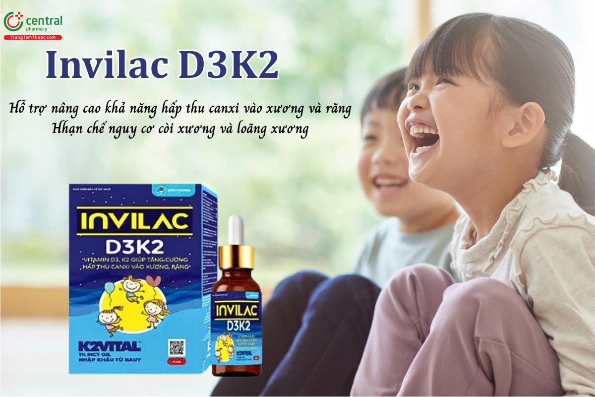Invilac D3K2 hỗ trợ nâng cao khả năng hấp thu canxi vào xương và răng, hỗ trợ hạn chế nguy cơ còi xương ở trẻ em và giảm nguy cơ loãng xương ở người lớn