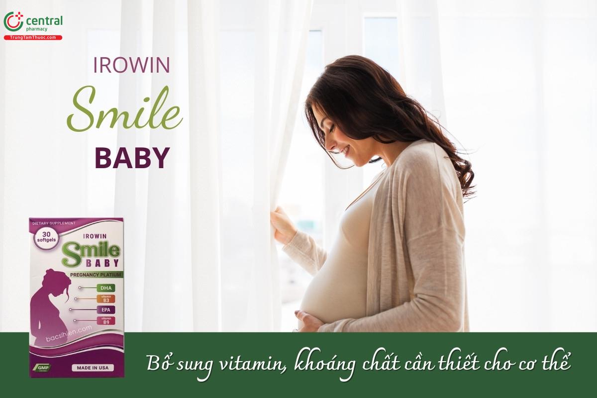 Viên uống Irowin Smile Baby bổ sung một số vitamin và khoáng chất thiết yếu giúp hỗ trợ sức khỏe tổng thể cho phụ nữ trước, trong và sau thai kỳ có nguy cơ thiếu hụt vitamin và khoáng chất.