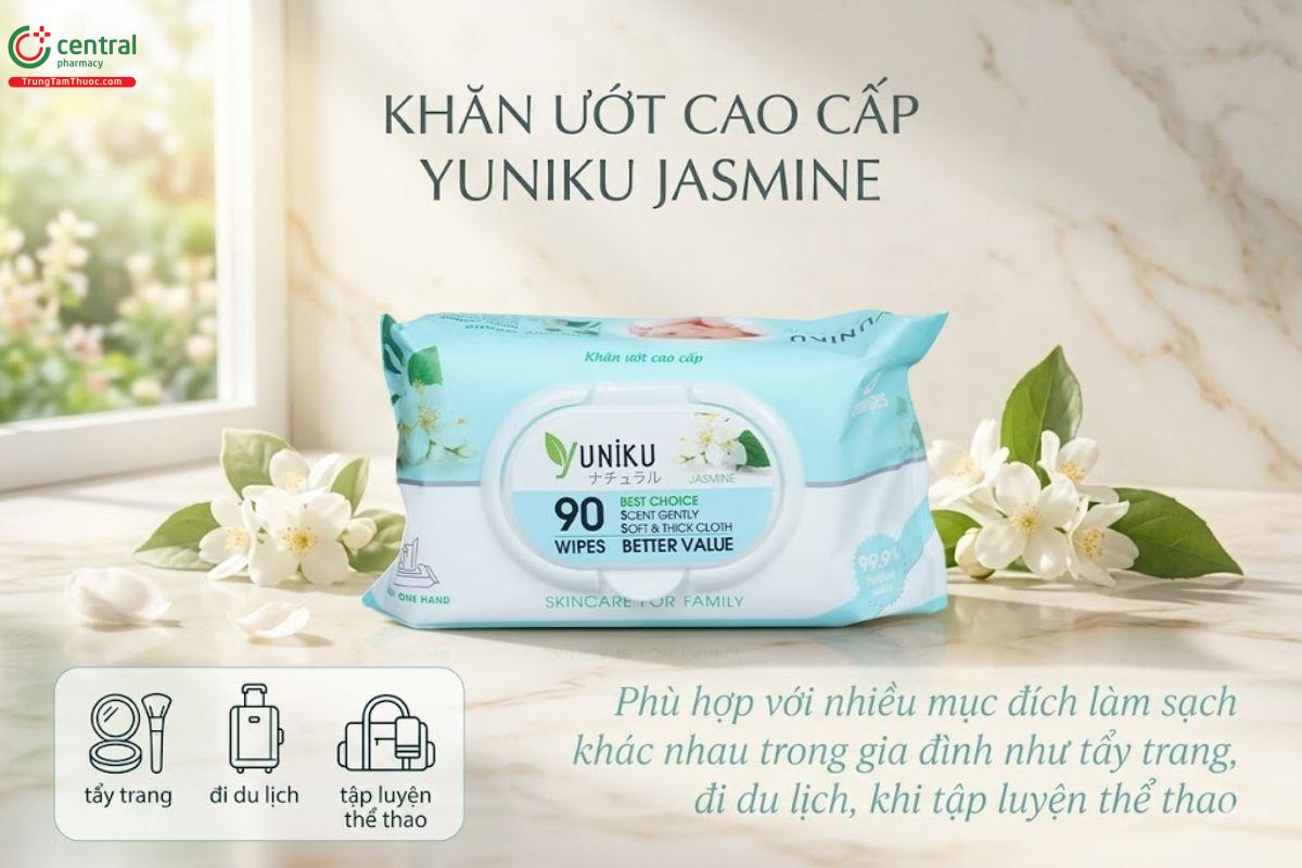Khăn ướt cao cấp Yuniku Jasmine gói 90 tờ dịu nhẹ, thân thiện với làn da