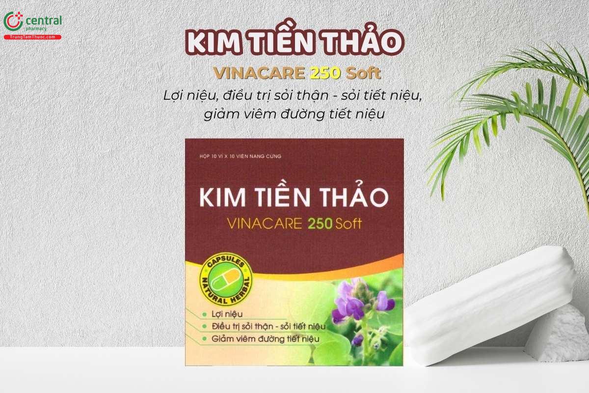 Kim tiền thảo Vinacare 250 Soft  có tác dụng lợi niệu, thường được sử dụng trong các tình trạng như: sỏi thận, sỏi đường tiết niệu, viêm bể thận, viêm túi mật, tiểu rắt, tiểu buốt.