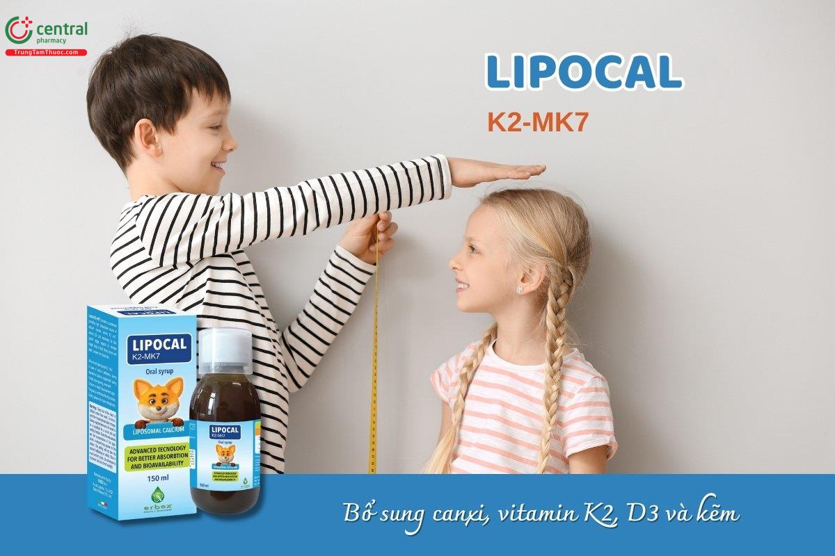 Lipocal K2-MK7 cung cấp các vi dưỡng chất quan trọng như canxi, vitamin D3, K2 (MK-7) và kẽm, giúp hỗ trợ sự phát triển và củng cố xương, răng cho trẻ em và người lớn.
