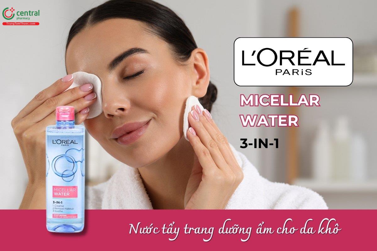 Nước tẩy trang L'Oréal Paris Micellar Water 3 in 1 dưỡng ẩm màu hồng  giúp làm sạch sâu, loại bỏ triệt để bụi bẩn, bao gồm cả các hạt PM 2.5 siêu nhỏ, cặn trang điểm.