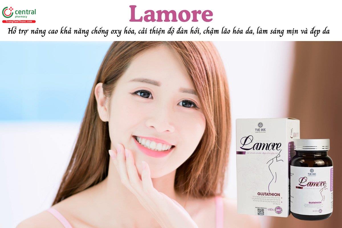Lamore hỗ trợ nâng cao khả năng chống oxy hóa, cải thiện độ đàn hồi của da, làm chậm quá trình lão hóa da, giảm tình trạng sạm da, làm sáng mịn và đẹp da