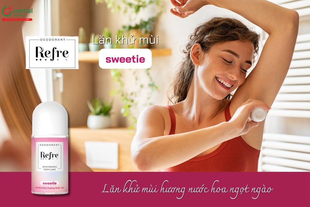 Lăn khử mùi hương nước hoa ngọt ngào Refre Whitening Perfume Sweetie không chứa cồn, không Paraben, giúp kiểm soát mùi cơ thể và hạn chế tiết mồ hôi hiệu quả suốt 48 giờ.