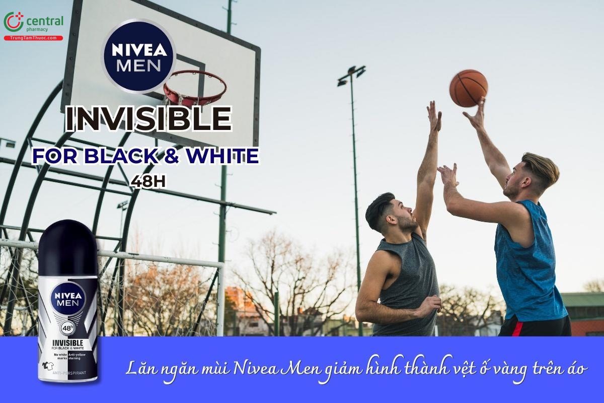 Lăn ngăn mùi Nivea Men Invisible For Black & White 48h giúp hạn chế sự xuất hiện của 6 loại vết ố vàng trên áo, đồng thời kiểm soát mồ hôi và khử mùi hiệu quả lên đến 48 giờ.