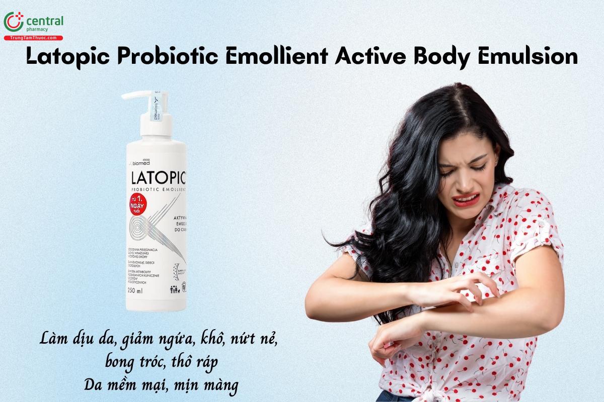 Latopic Probiotic Emollient Active Body Emulsion giúp làm dịu các triệu chứng ngứa, khô, nứt nẻ, bong tróc, thô ráp, giữ da mềm mại, mịn màng.