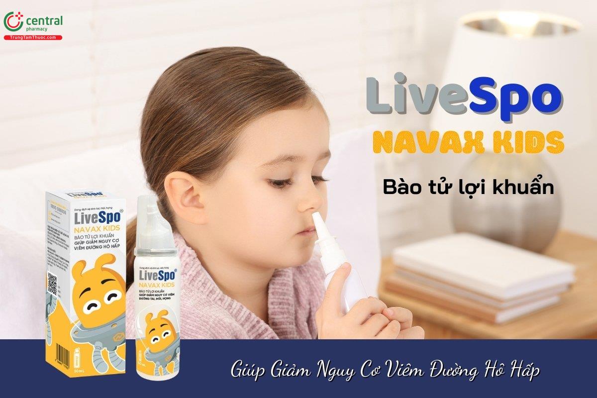 LiveSpo NAVAX Kids dạng bình xịt giúp hỗ trợ vệ sinh tai, mũi, họng hàng ngày, làm giảm các triệu chứng như sổ mũi, nghẹt mũi, viêm mũi dị ứng theo mùa, viêm tai, viêm xoang.