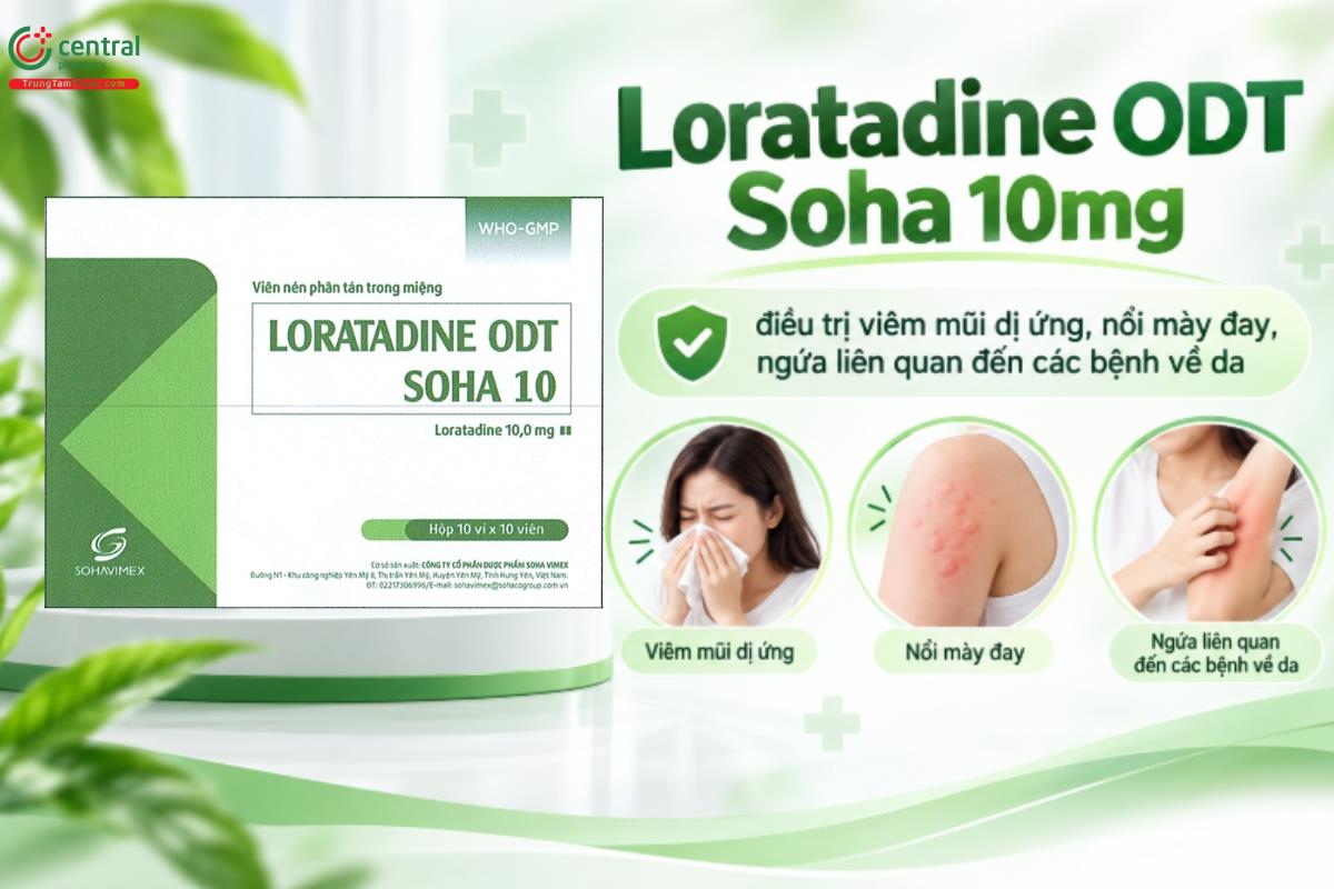 Thuốc Loratadine ODT Soha 10mg điều trị viêm mũi dị ứng, nổi mày đay, ngứa liên quan đến các bệnh về da