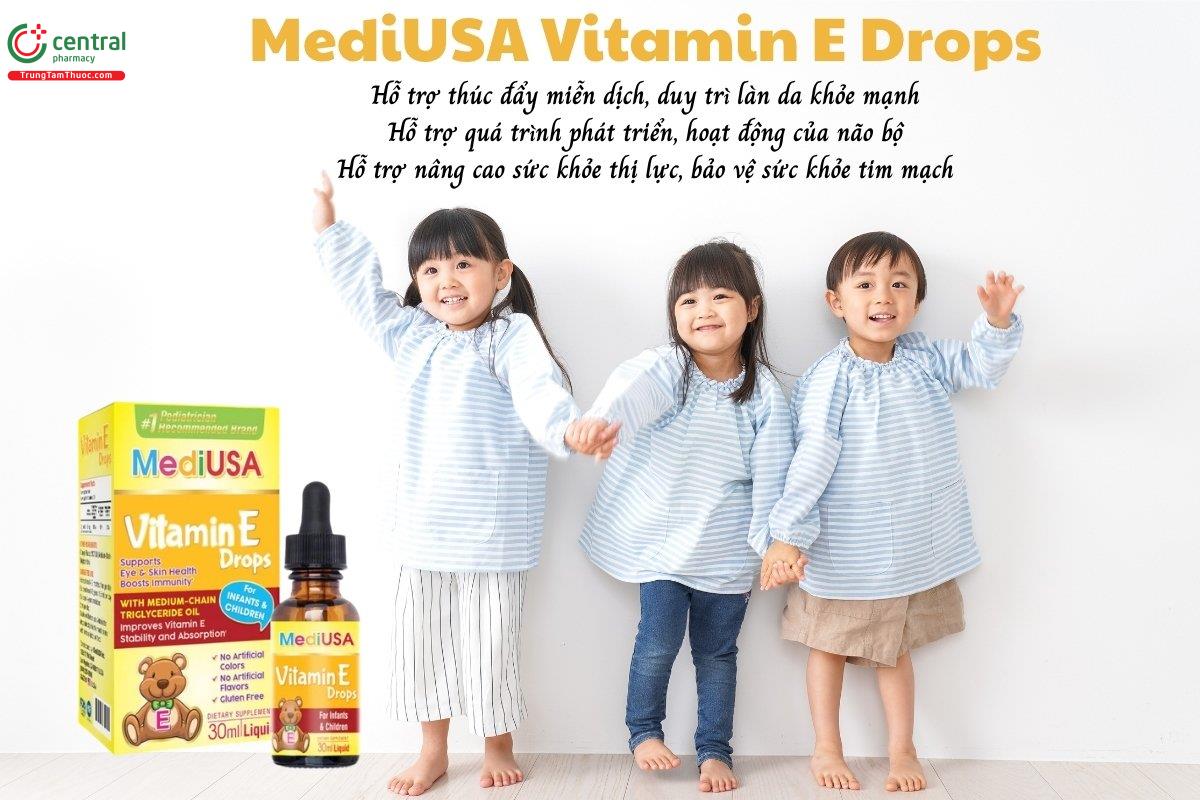 MediUSA Vitamin E Drops hỗ trợ thúc đẩy miễn dịch, giảm nguy cơ mắc các bệnh nhiễm trùng, duy trì làn da khỏe mạnh, nâng cao sức khỏe thị lực, bảo vệ tim mạch