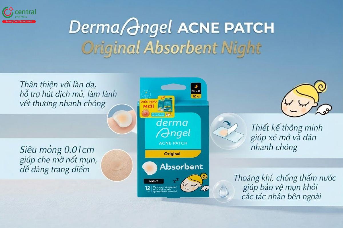 Miếng dán mụn ban đêm DermaAngel hút dịch mủ mụn, bảo vệ mụn suốt đêm