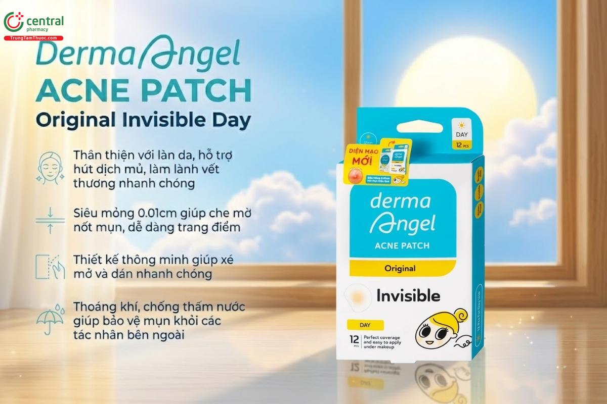 Miếng dán mụn ban ngày DermaAngel (12 miếng) hút dịch mủ mụn sưng viêm