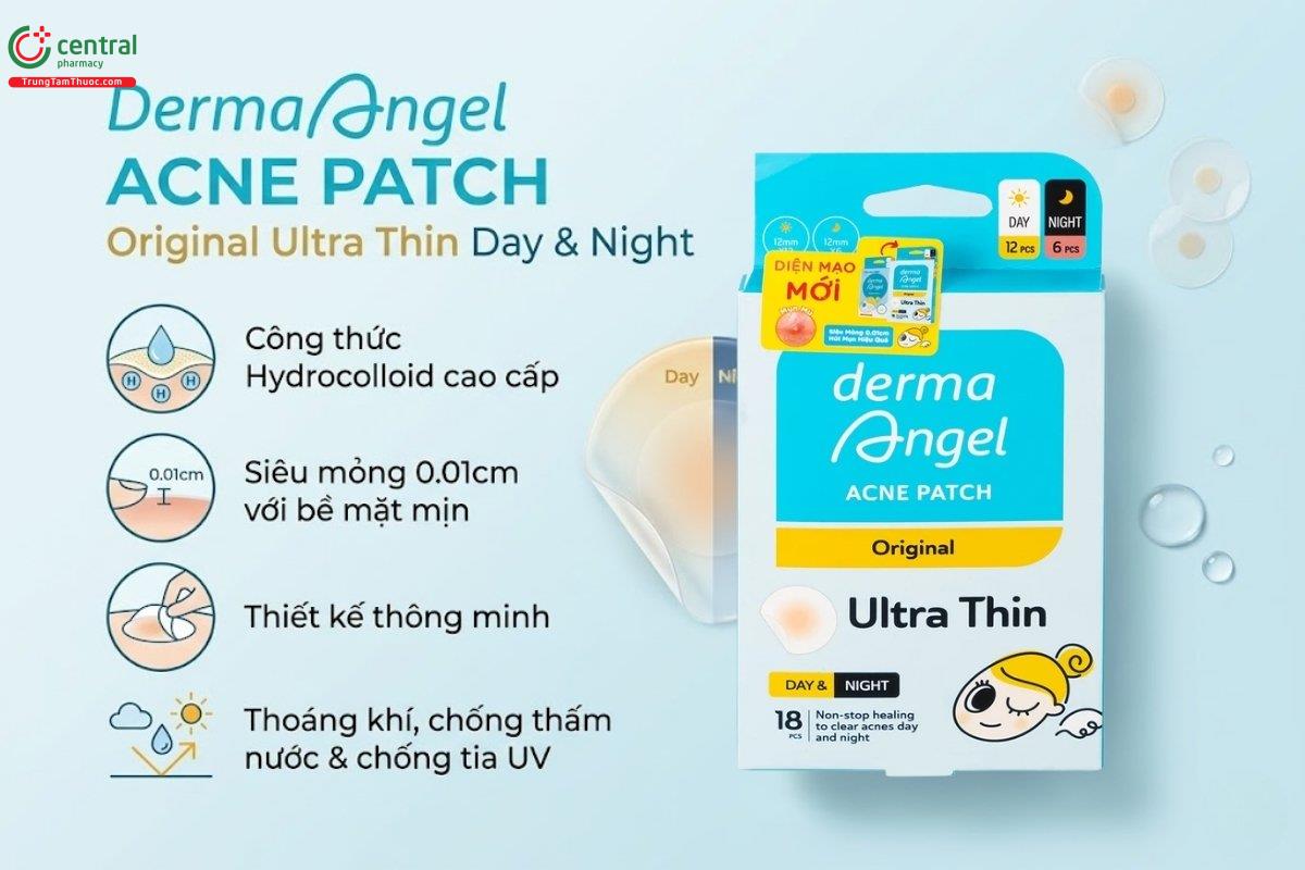 Miếng dán mụn Ngày và Đêm DermaAngel 18 miếng hút dịch mủ mụn nhanh chóng