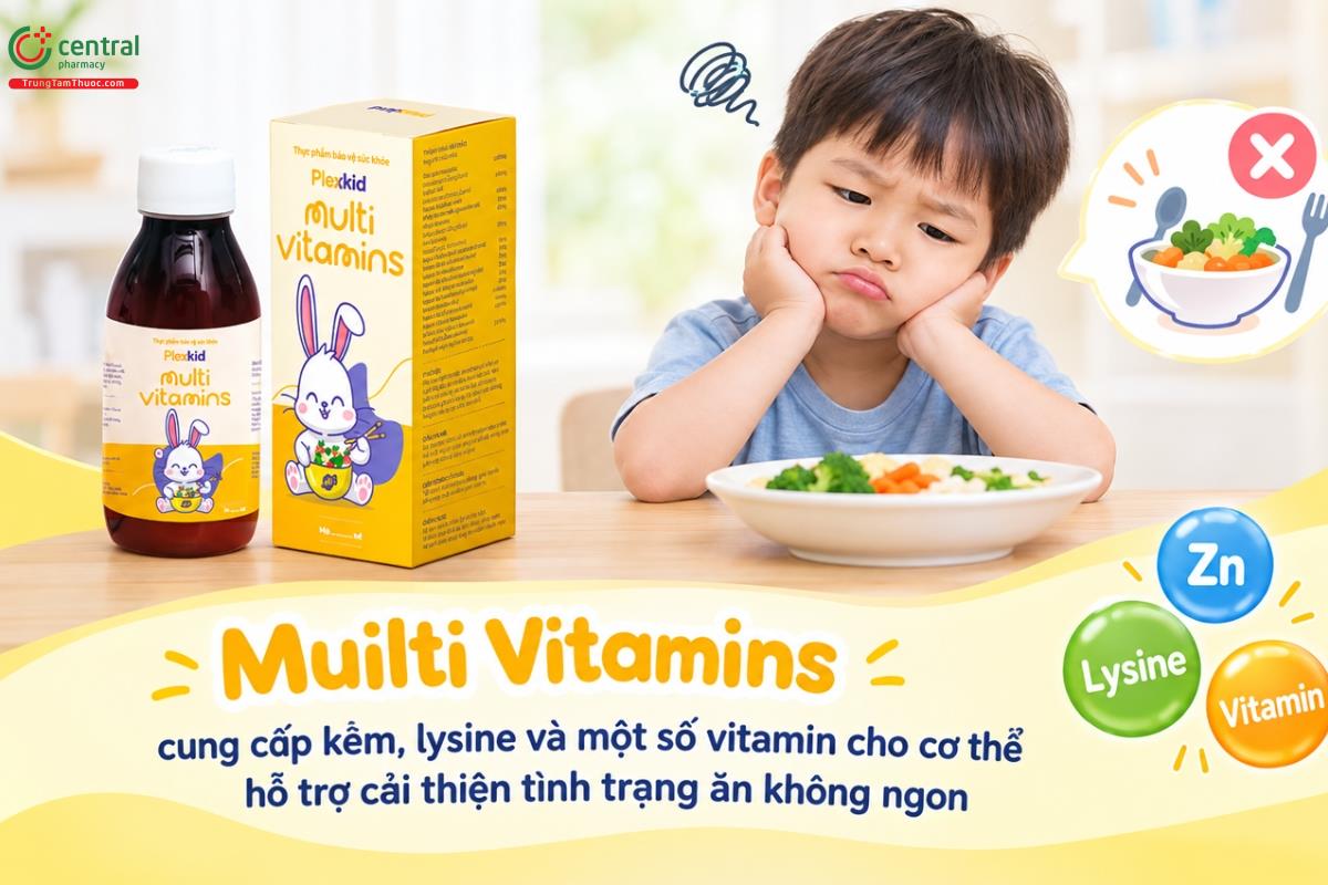 Muilti Vitamins cung cấp kẽm, lysine và một số vitamin cho cơ thể hỗ trợ cải thiện tình trạng ăn không ngon
