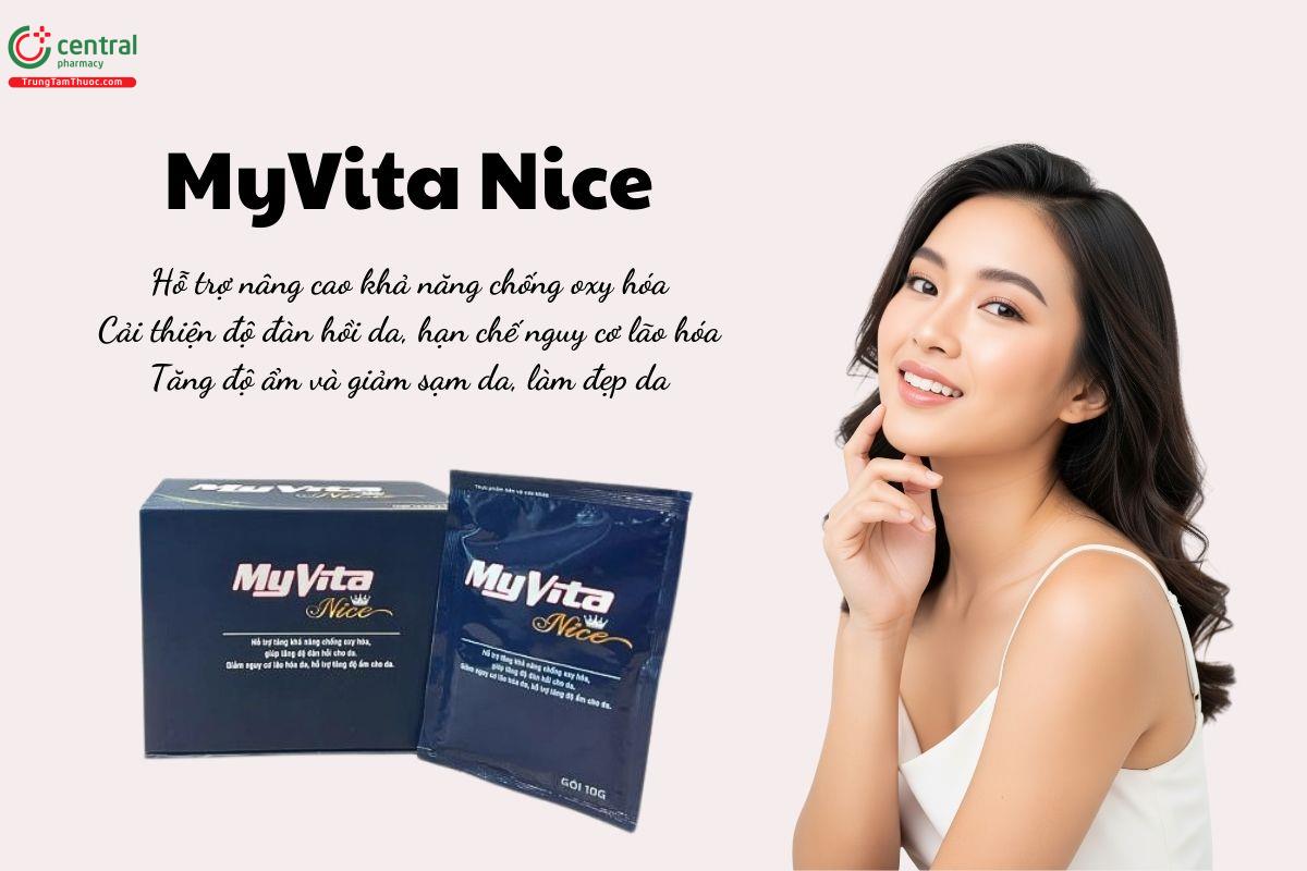MyVita Nice hỗ trợ tăng khả năng chống oxy hóa, cải thiện độ đàn hồi da, hạn chế nguy cơ lão hóa, tăng độ ẩm, giảm sạm da, làm đẹp da
