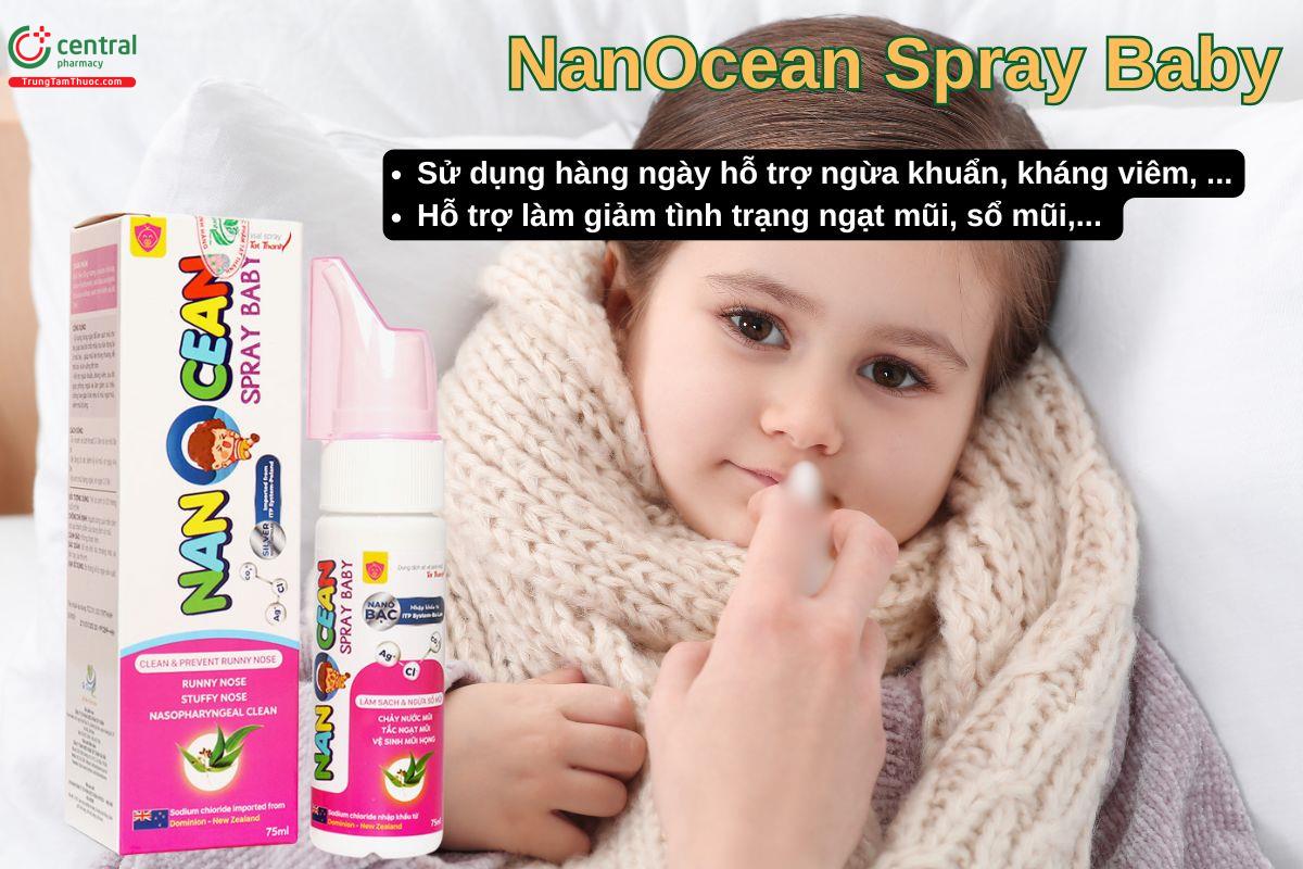Dung dịch xịt vệ sinh mũi NanoSea Baby Spray giúp làm sạch khoang mũi cho bé, giảm sổ mũi, nghẹt mũi,..