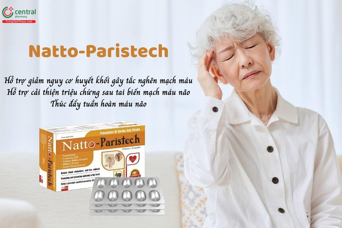 Natto-Paristech hỗ trợ giảm nguy cơ hình thành huyết khối gây tắc nghẽn mạch máu, cải thiện triệu chứng sau tai biến mạch máu não, thúc đẩy tuần hoàn máu não