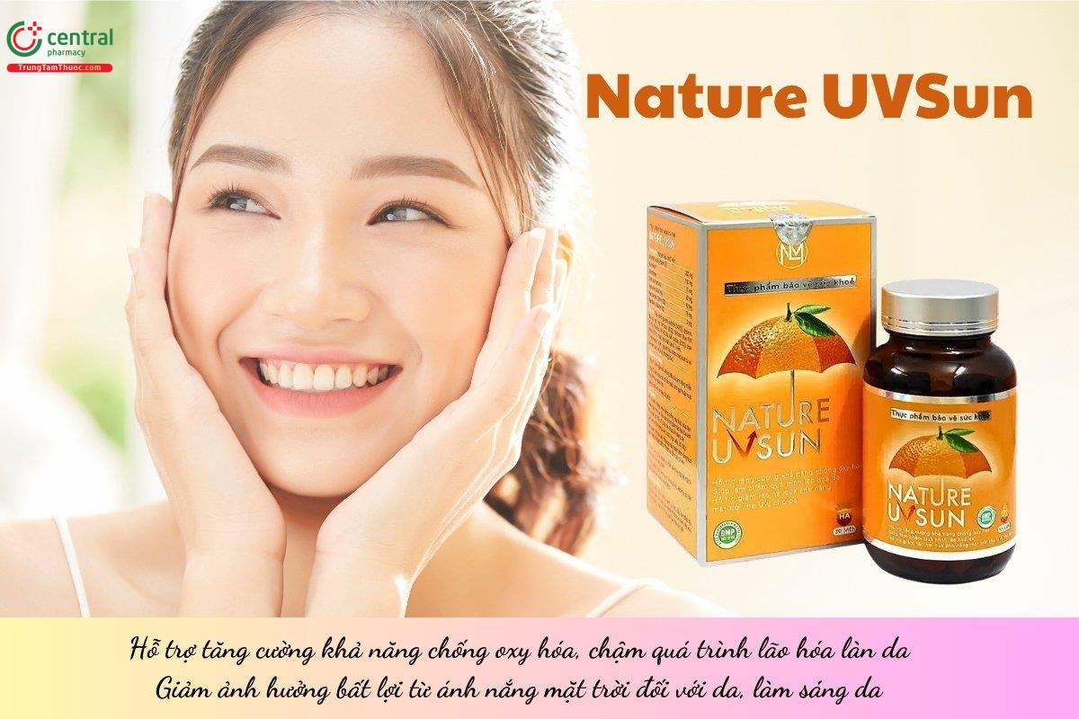 Nature UVSun hỗ trợ tăng cường khả năng chống oxy hóa, chậm quá trình lão hóa làn da, giảm ảnh hưởng bất lợi từ ánh nắng mặt trời đối với da, làm sáng da