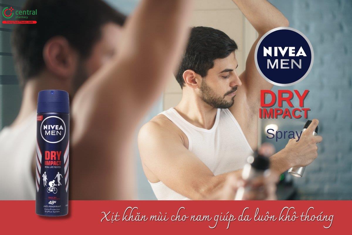 Xịt ngăn mùi Nivea Men Dry Impact Methol khô thoáng giúp giảm tiết mồ hôi, mang lại cảm giác khô thoáng và giúp kiểm soát mùi hiệu quả suốt 48 giờ dành cho nam giới.