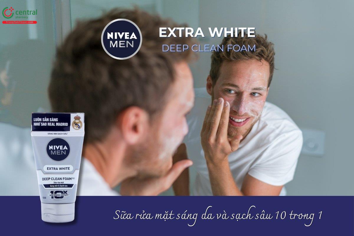 Sữa rửa mặt Nivea Men Extra White Deep Clean Foam 10X Whitening Effect giúp tăng cường sức sống cho làn da, hỗ trợ cải thiện tình trạng xỉn màu, mang lại vẻ ngoài tươi sáng rạng rỡ. 