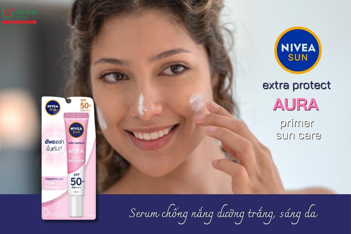 Serum chống nắng Nivea Sun Extra Protect AURA primer sun care kết hợp chức năng của lớp lót trang điểm, giúp da trở nên mịn màng và sáng hơn ngay sau khi sử dụng.