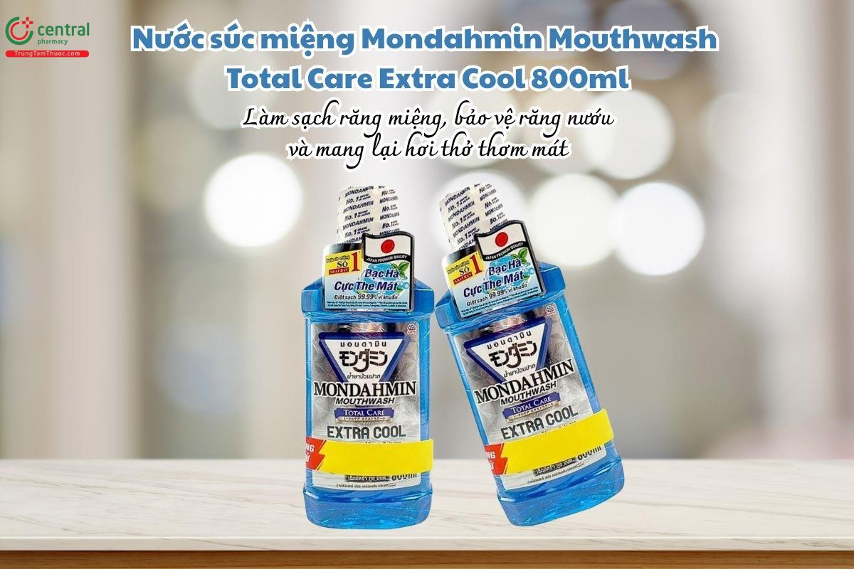 Nước súc miệng Mondahmin Mouthwash Total Care Extra Cool 800ml giúp làm sạch răng miệng, bảo vệ răng nướu và mang lại hơi thở thơm mát