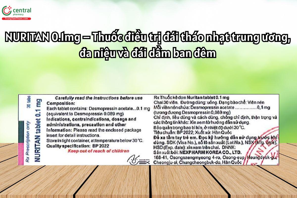 Thuốc Nuritan Tablet 0.1mg điều trị đái tháo nhạt trung ương