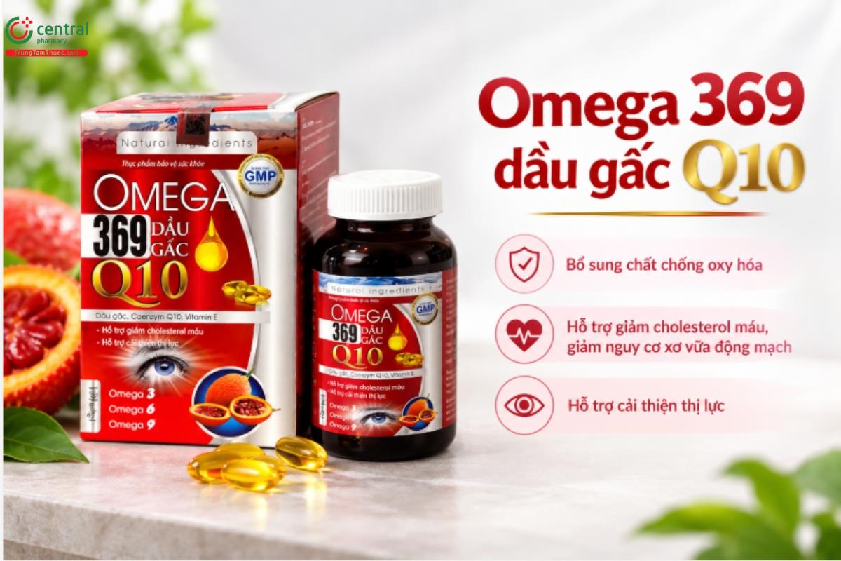 Omega 369 dầu gấc Q10 giúp bổ sung chất chống oxy hóa, hỗ trợ giảm cholesterol máu, giảm nguy cơ xơ vữa động mạch, hỗ trợ cải thiện thị lực