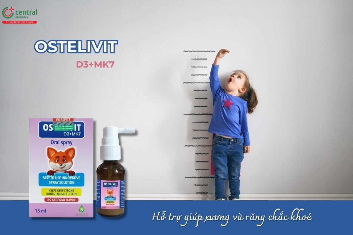 Ostelivit D3+MK7 dạng xịt cung cấp vitamin D3 và vitamin K2, giúp tăng cường khả năng hấp thu canxi, hỗ trợ duy trì sức khỏe xương và răng cho trẻ trong giai đoạn phát triển.