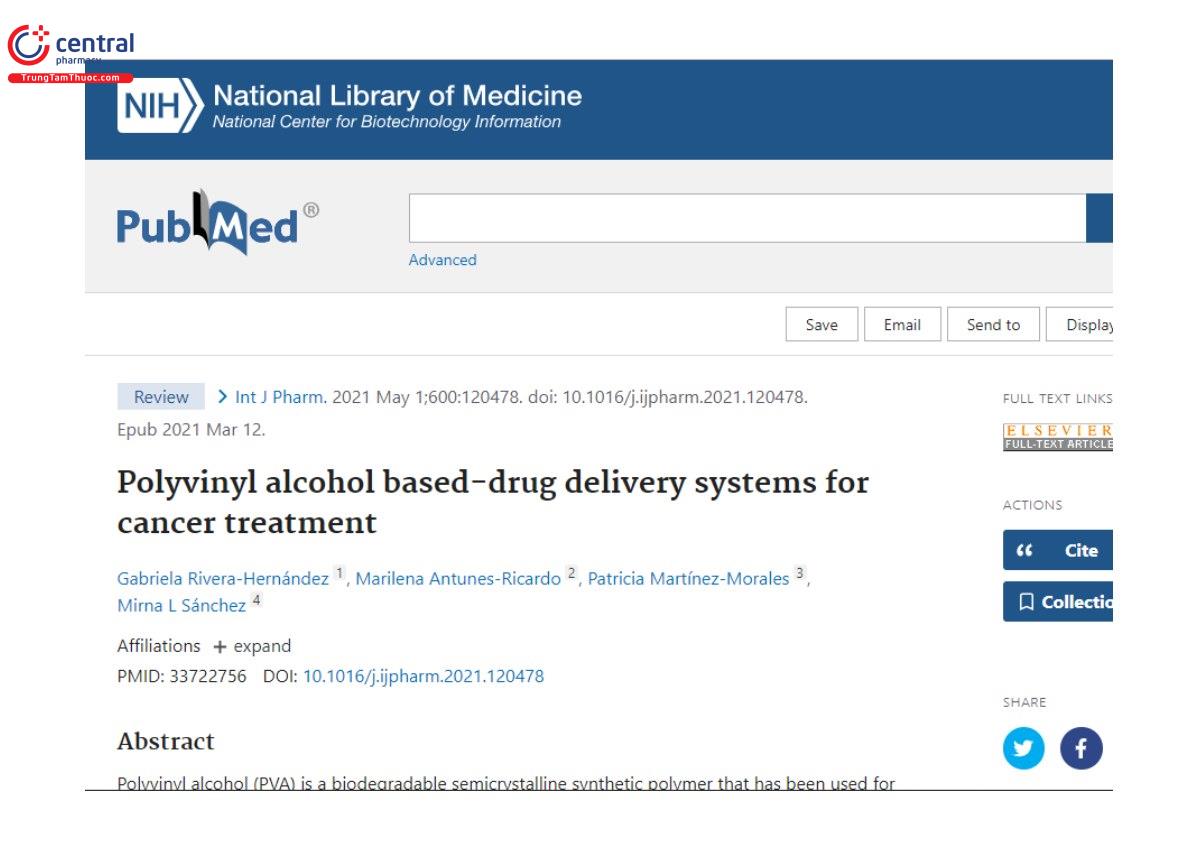 Nghiên cứu: Polyvinyl alcohol based-drug delivery systems for cancer treatment