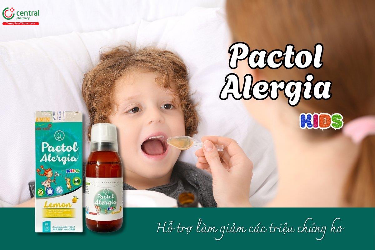 Siro ho Pactol Alergia KIDS với các thành phần thiên nhiên như Cúc Trường Sinh, Sáng Mắt, giúp hỗ trợ làm giảm các triệu chứng khó chịu do cảm lạnh, hỗ trợ làm dịu cổ họng và giảm ho.