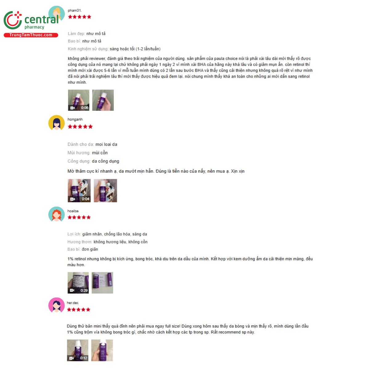 Một số đánh giá của khách hàng về sản phẩm Paula's Choice Clinical 1% Retinol Treatment