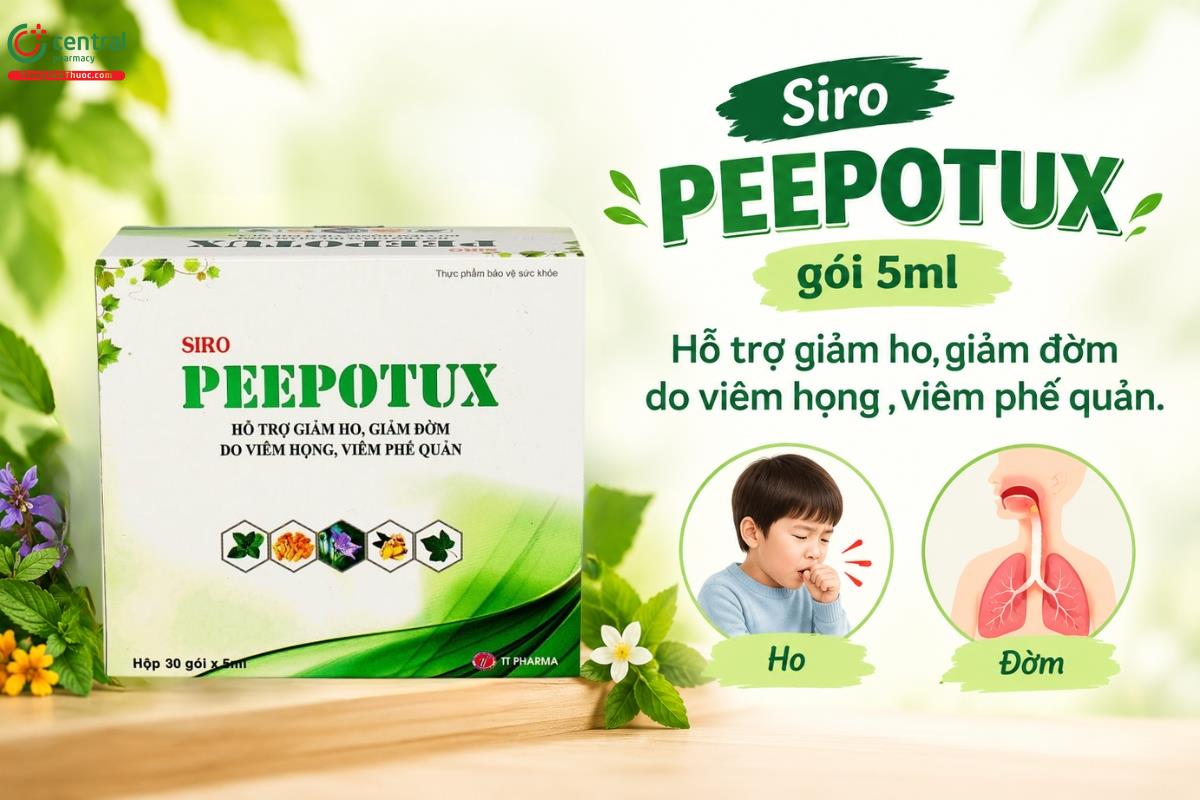 Siro Peepotux gói 5ml hỗ trợ giảm ho, giảm đờm do viêm họng , viêm phế quản.
