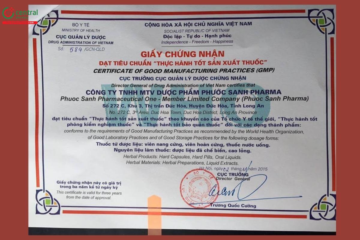 Giấy chứng nhận đạt tiêu chuẩn "Thực hành tốt sản xuất thuốc" của Phương Sanh Pharma