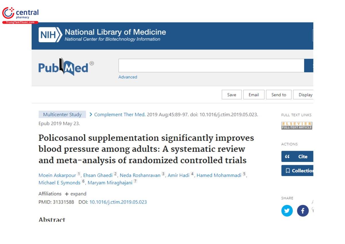 Nghiên cứu: Policosanol supplementation significantly improves blood pressure among adults: A systematic review and meta-analysis of randomized controlled trials