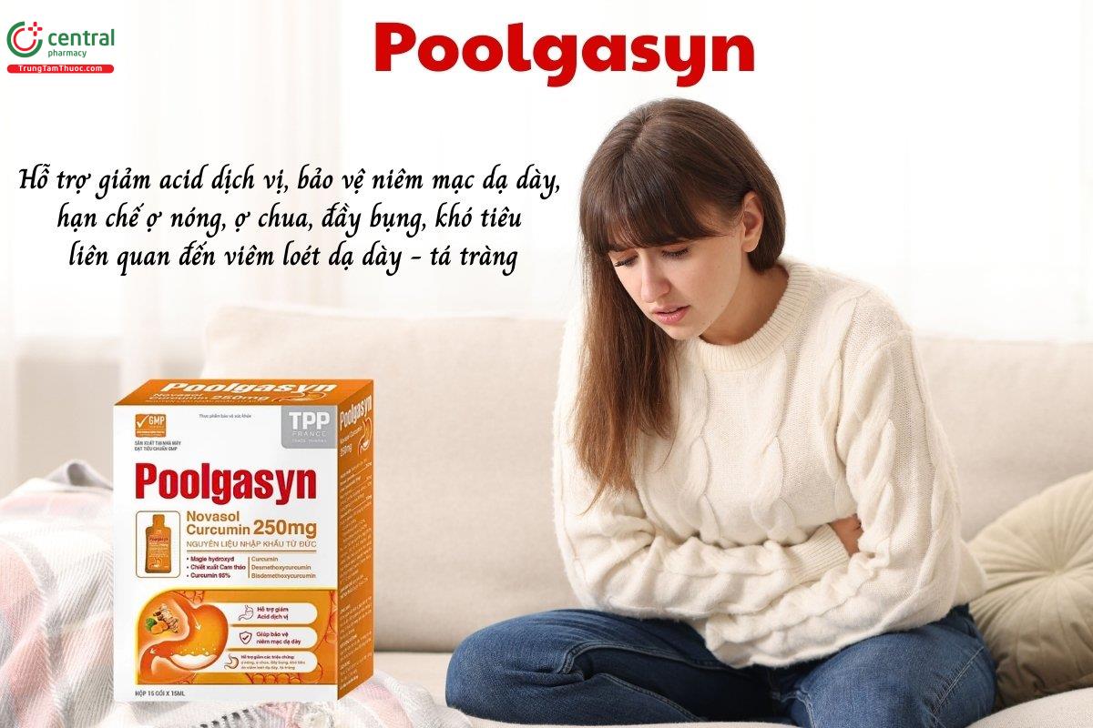 Poolgasyn hỗ trợ giảm acid dịch vị, bảo vệ niêm mạc dạ dày, hạn chế các biểu hiện ợ nóng, ợ chua, đầy bụng, khó tiêu liên quan đến viêm loét dạ dày - tá tràng
