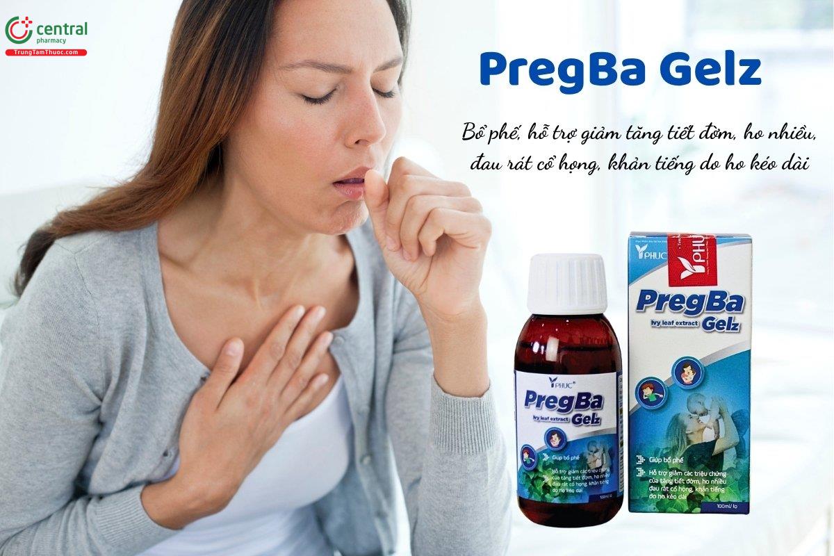 PregBa Gelz có tác dụng bổ phế, hỗ trợ giảm tăng tiết đờm, ho nhiều, đau rát cổ họng và khản tiếng do ho kéo dài