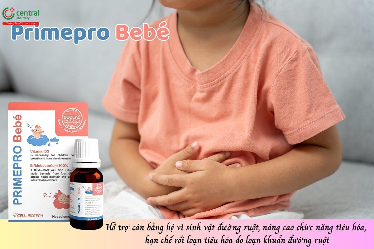 Primepro Bebé cung cấp lợi khuẩn, hỗ trợ cân bằng hệ vi sinh vật đường ruột, nâng cao chức năng tiêu hóa, hạn chế rối loạn tiêu hóa do loạn khuẩn đường ruột