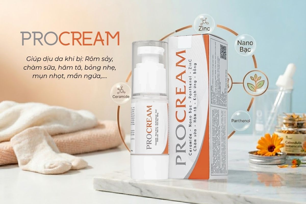 Procream giúp dưỡng ẩm, làm mềm và hỗ trợ làm dịu các tình trạng da rôm sảy, chàm sữa, hăm tã, bỏng nhẹ, mụn nhọt, mẩn ngứa